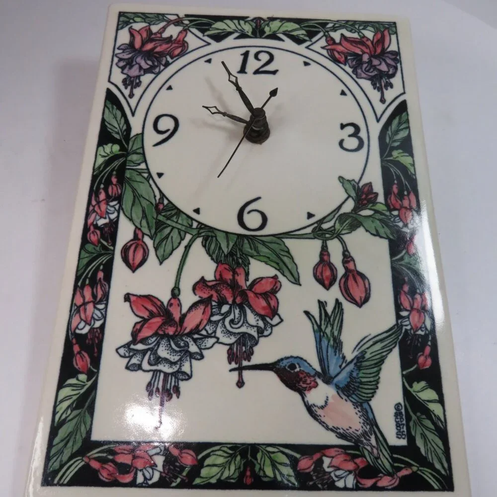 Hummingbird & Fuchsia Glazed Ceramic Tile Clock WORKS, Heavy